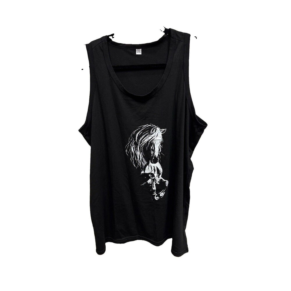 Women Black Shirt Tee 2XL Horse Graphic Sleeveless Tank Stretch Scoop Neck
